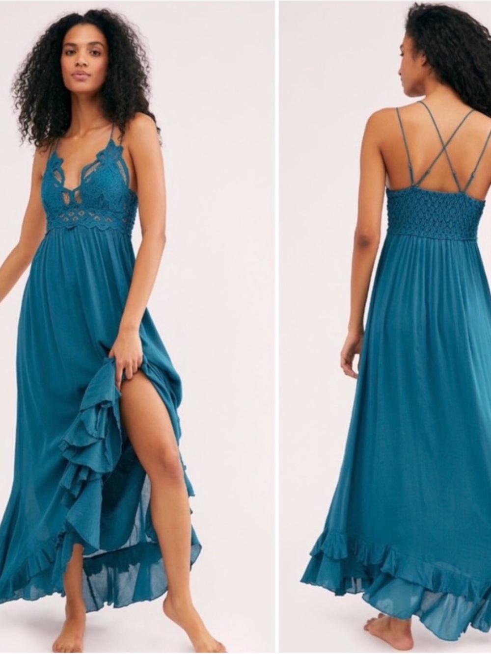 FREE PEOPLE "Adella" Maxi Slip Dress With Lace Top, Teal Jewel, Size S, NEW